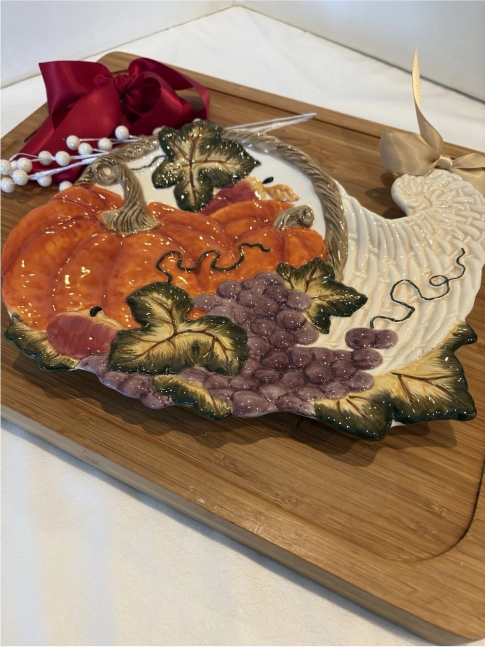 Bella Casa GANZ Thanksgiving Hand Painted Ceramic Cornucopia Platter 11”x9”